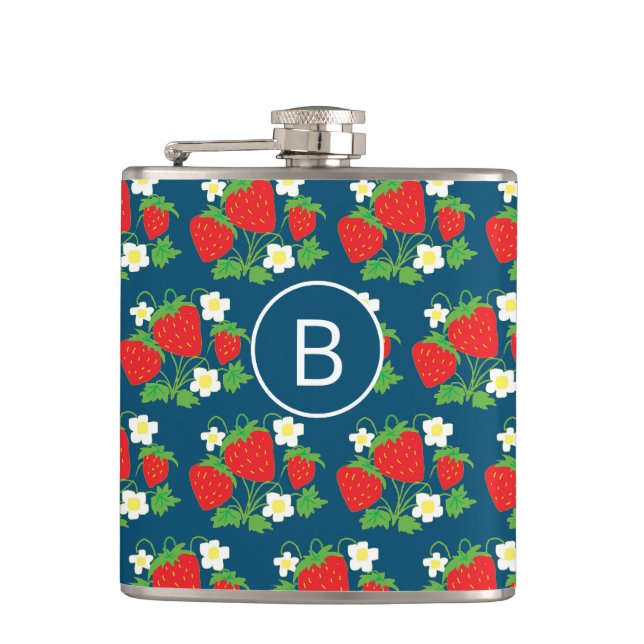 Jordgubb- och blomblå mönster initialer fickplunta (Framsidan)