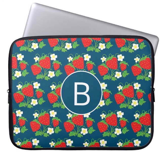 Jordgubb- och blomblå mönstrad monogram laptop fodral (Framsidan)
