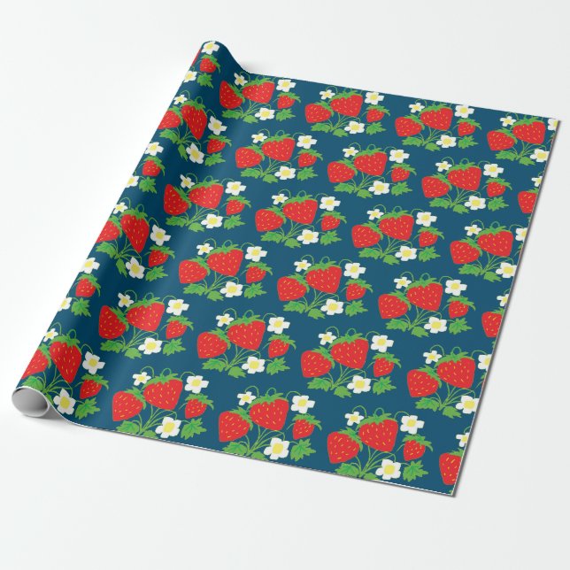 Jordgubb- och blommönster Blått Presentpapper (Utrullad)