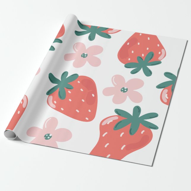 Jordgubb- och blommönster presentpapper (Utrullad)
