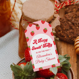 Jordgubb present till babyfesten presentetikett