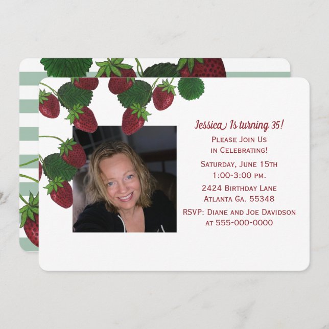 Jordgubb Ranke Foto Inbjudan (Fram/baksida)