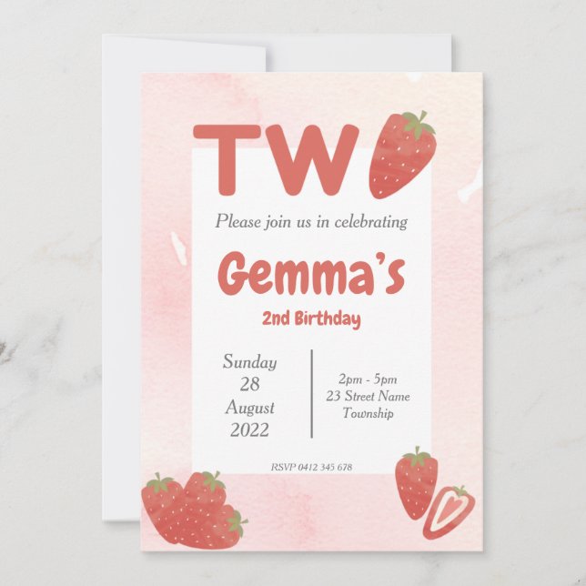 Jordgubb Två födelsedag Inbjudningar (Framsida)