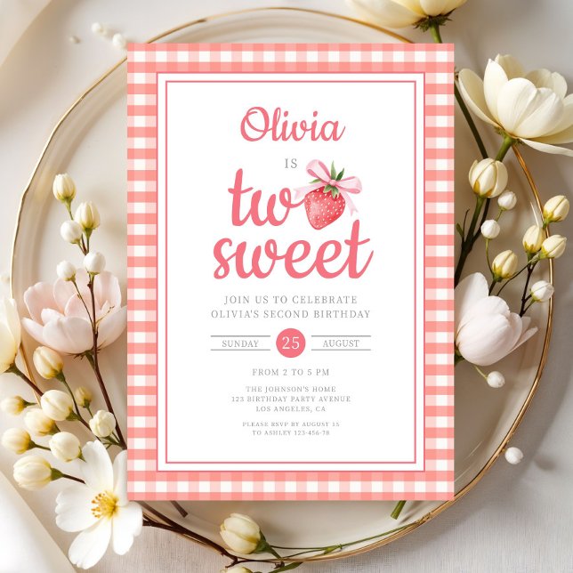 Jordgubb Två Söt 2-års födelsedagsfest Inbjudningar (Strawberry Two Sweet 2nd Birthday Party Invitation)