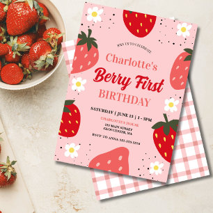 Jordgubbar 1:a födelsedag Berry 1:a Födelsedagsfes Inbjudningar