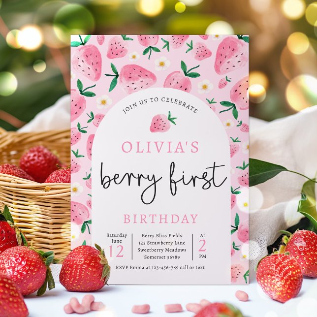 Jordgubbar 1:a födelsedag Berry 1:a Födelsedagsfes Inbjudningar (Skapare uppladdad)