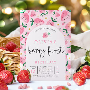 Jordgubbar 1:a födelsedag Berry 1:a Födelsedagsfes Inbjudningar