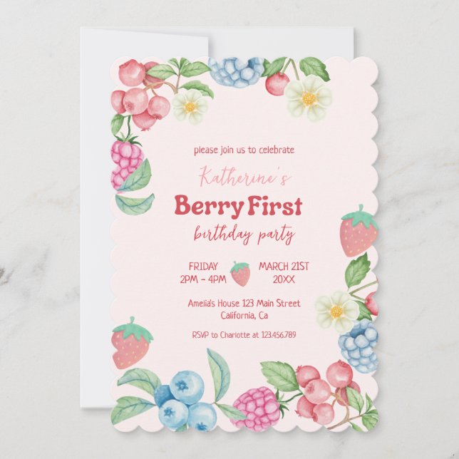 Jordgubbar 1:a födelsedag Berry Sweet Rosa Birthda Inbjudningar (Framsida)