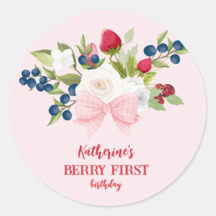 Jordgubbar 1:a födelsedag Berry Sweet Rosa Runt Klistermärke
