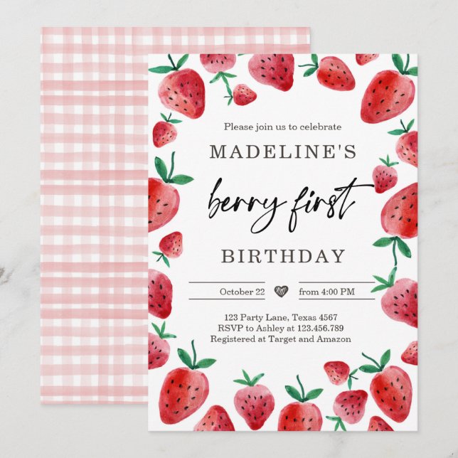 Jordgubbar 1:a födelsedag Inbjudan 1:a födelsedag (Fram/baksida)