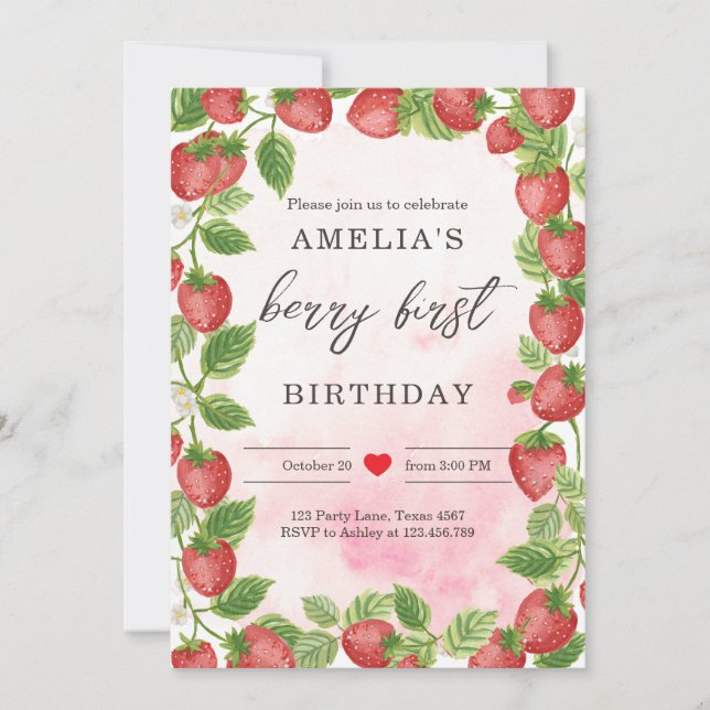 Jordgubbar 1:a födelsedag Inbjudan 1:a födelsedag (Framsida)