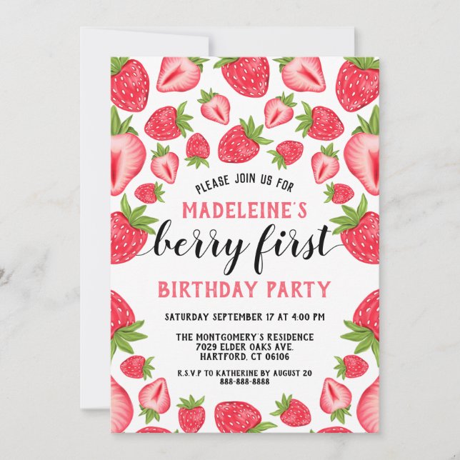 Jordgubbar 1:a födelsedag Party Berry 1:a Anpassni Inbjudningar (Framsida)