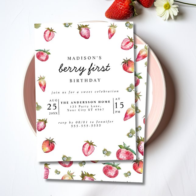 Jordgubbar 1:a födelsedag Party Berry 1:a gången Inbjudningar (Skapare uppladdad)