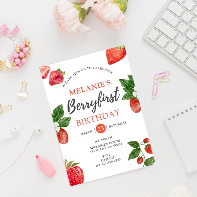 Jordgubbar 1:a födelsedag Party | Berry First Girl Inbjudningar (Berry first 1st Birthday invitation card mockup)