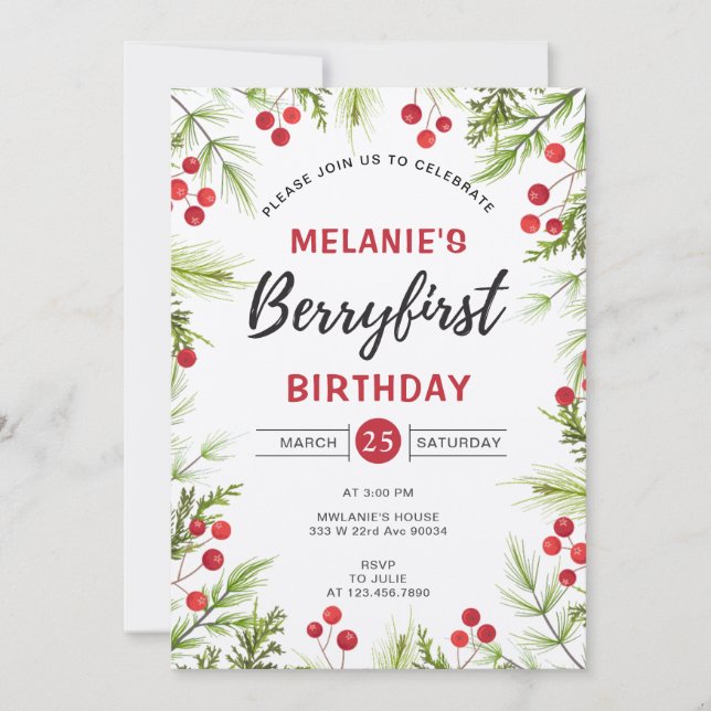 Jordgubbar 1:a födelsedag Party | Berry First Inbjudningar (Framsida)