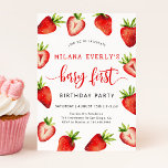 Jordgubbar 1:a födelsedag Party | Berry First Inbjudningar<br><div class="desc">Kute-flickans första födelsedagsplockkort med vattenfärgad illustration av jordgubbar. I texten står det: "gå med oss fira XX:s bär första födelsedagsfesten."</div>