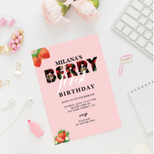 Jordgubbar 1:a födelsedag Party Berry First Inbjudningar