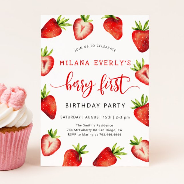 Jordgubbar 1:a födelsedag Party | Berry First Inbjudningar (Skapare uppladdad)