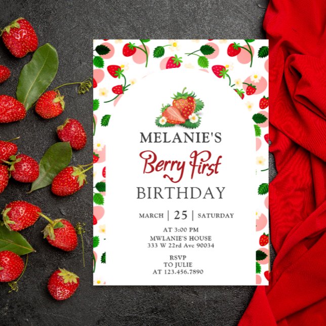 Jordgubbar 1:a födelsedag Party | Berry First Inbjudningar (Girl Berry first birthday card invitation)