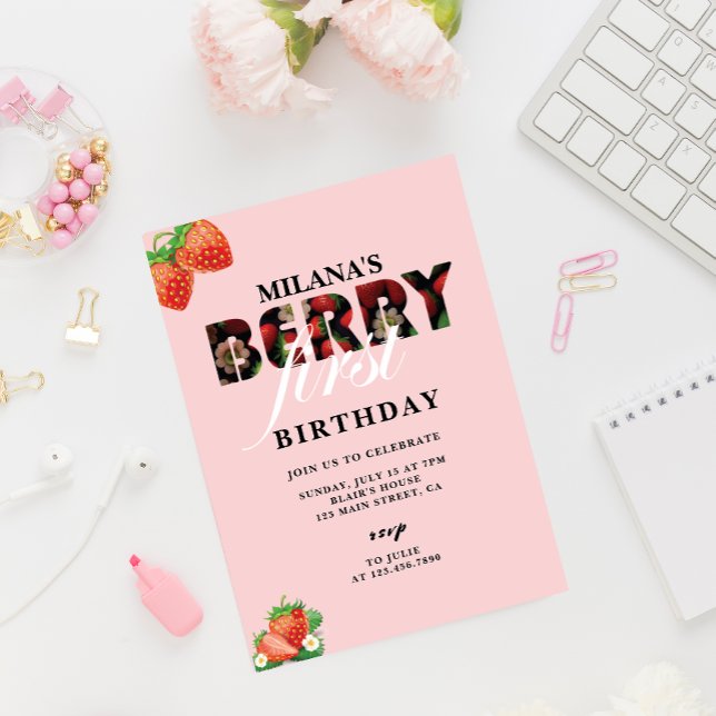 Jordgubbar 1:a födelsedag Party | Berry First Inbjudningar (Pink Berry First strawberry invitation card)