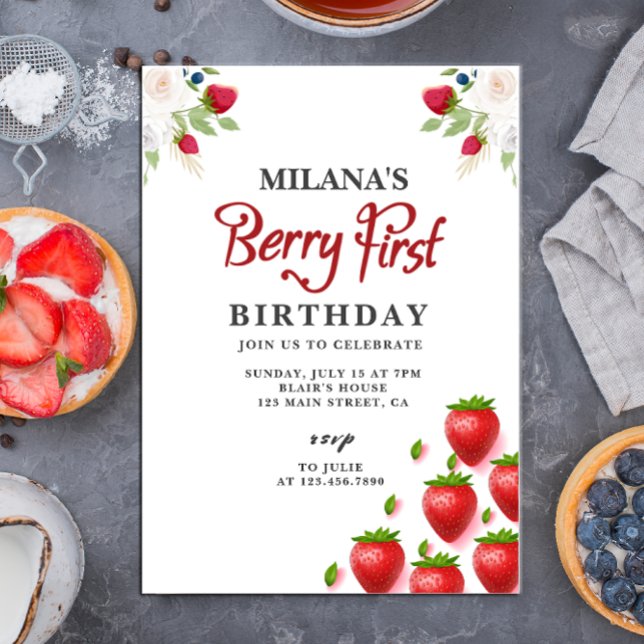 Jordgubbar 1:a födelsedag Party | Berry First Inbjudningar (Berry First Birthday card)