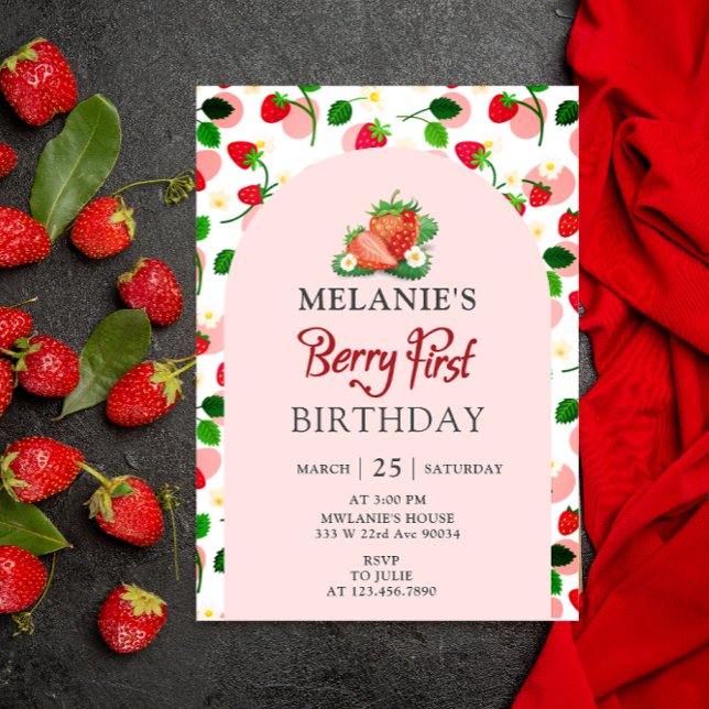 Jordgubbar 1:a födelsedag Party | Berry First Rosa Inbjudningar (Girl Berry first birthday card invitation)