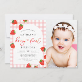 Jordgubbar 1:a födelsedag Rosa Berry Birthday Phot Inbjudningar