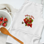 Jordgubbar Bumblebee White Bib Pockets Förkläde<br><div class="desc">Vit halmapron med fickor och jordgubbar. Anpassa med böjt,  rött skript över bilden av färska,  mogna jordgubbar. Lite humlor flyger in för att kolla blommorna i designen. En underbar sommardesign för varje färsk fruktälskande kock.</div>