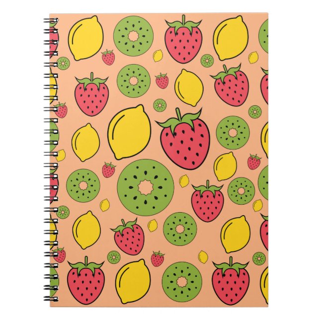 Jordgubbar, citron och kiwi-frukter, tapet-backgr anteckningsbok (Framsidan)
