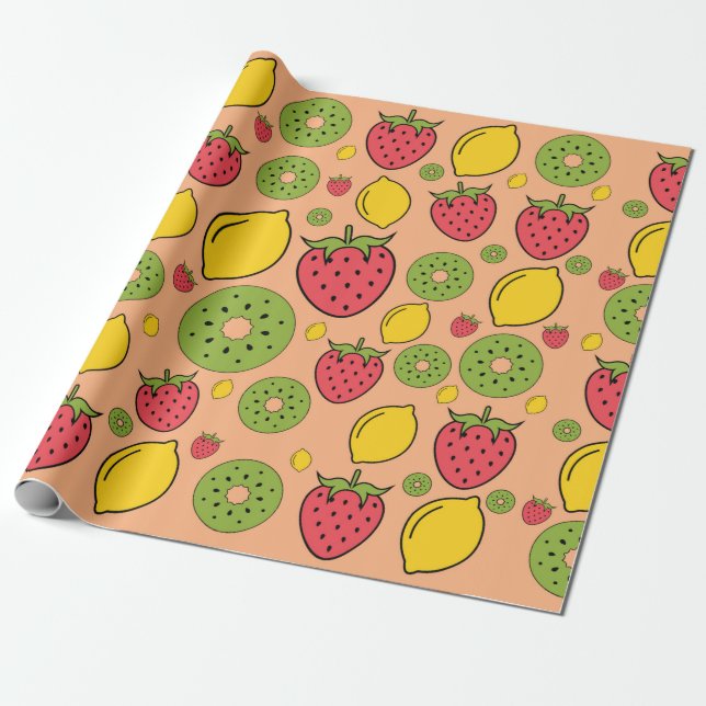 Jordgubbar, citron och kiwi-frukter, tapet-backgr presentpapper (Utrullad)