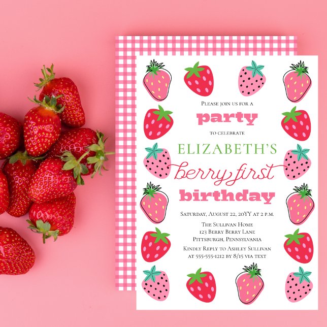 Jordgubbar Flickans berry Första Födelsedagsfesten Inbjudningar (Cute Strawberries Girl's "Berry First Birthday" Birthday Party Invitation)