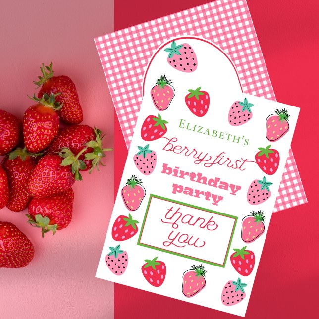 Jordgubbar Flickans berry Första Födelsedagsfesten Tack Kort (Strawberries Girl's Berry First Birthday Party Thank You Card)