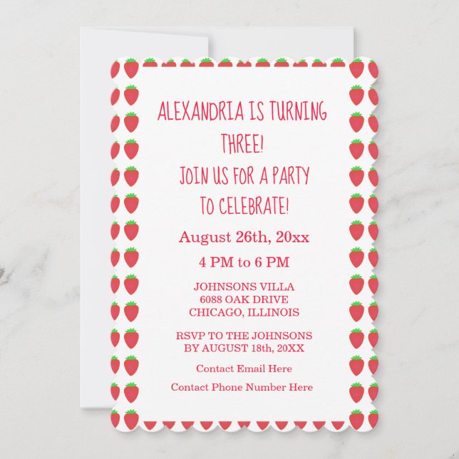 Jordgubbar Mönster 3:e födelsedag Party Anpassning Inbjudningar (Framsida)