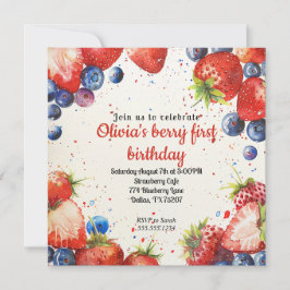 Jordgubbar och blåbär första födelsedag inbjudningar