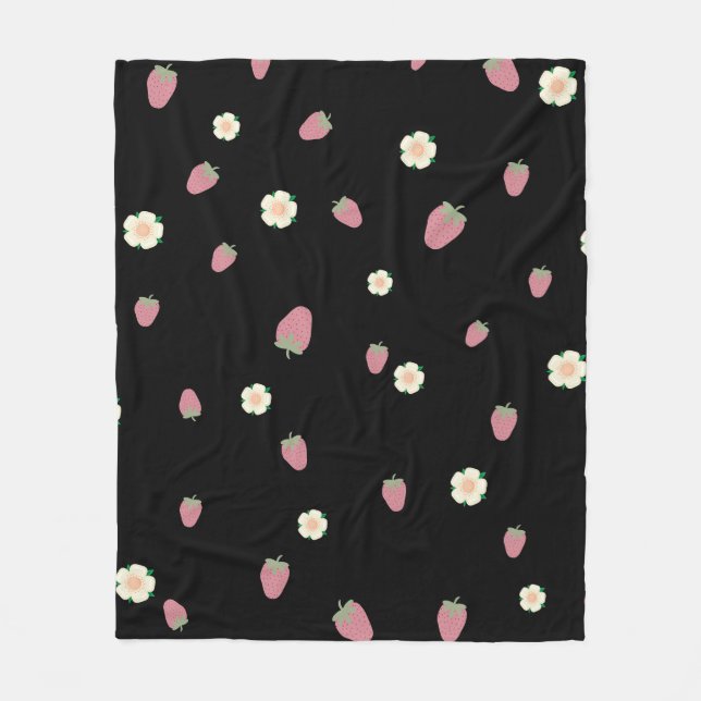 Jordgubbar och blommor, Black Mönster Fleecefilt (Framsidan)
