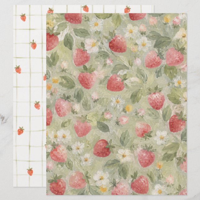 Jordgubbar och blommor Scrapbookpapper (Fram/baksida)
