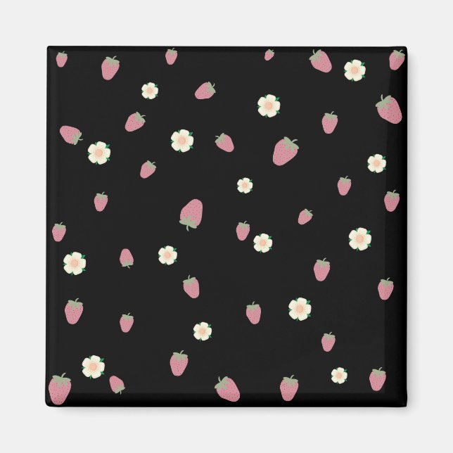 Jordgubbar och blommor Svart mönster Magnet (Framsidan)