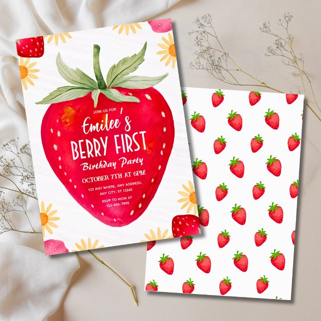 Jordgubbar och Daisy Berry Första födelsedagsinbju Inbjudningar (Strawberry & Daisy Berry First Birthday Invitation
)