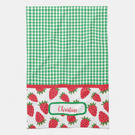 Jordgubbar och Fält och Grönt Gingham Kitchen Towe Kökshandduk