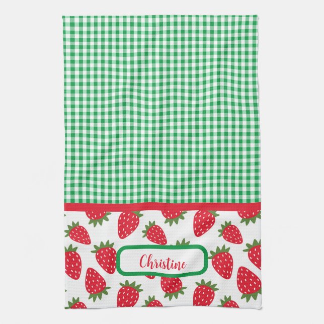 Jordgubbar och Fält och Grönt Gingham Kitchen Towe Kökshandduk (Vertikal)