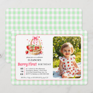 Jordgubbar och gingham Berry Första Födelsedags fo Inbjudningar