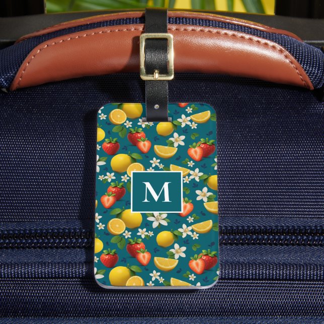 Jordgubbar och lemon Blommar design på blått Bagagebricka (Framsida Insitu 2)