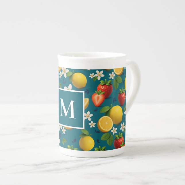 Jordgubbar och lemon Blommar design på blått Benporslin Mugg (Framsida höger)