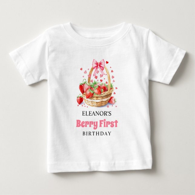 Jordgubbar och rosa bog Berry Första födelsedag T Shirt (Framsida)