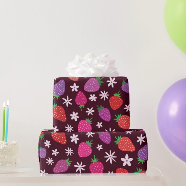 Jordgubbar och vita blommor Mönster  Presentpapper (Festgåvor)