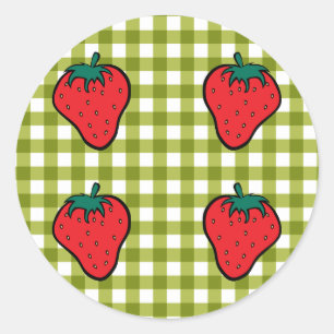 Jordgubbar på Grönt Gingham Runt Klistermärke