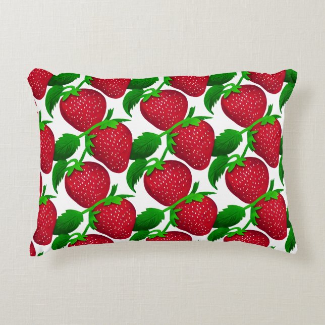Jordgubbar på vit bakgrund Mönster Prydnadskudde (Framsidan)