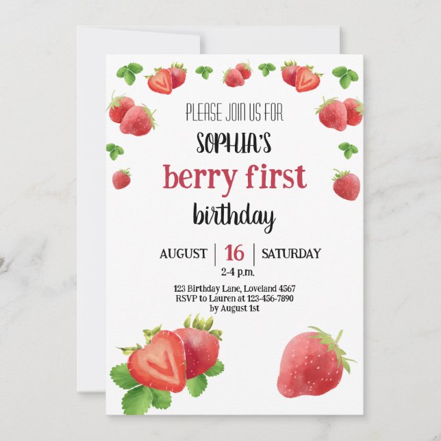 Jordgubbar Party 1:a födelsedag Berry Sweet Inbjudningar (Framsida)