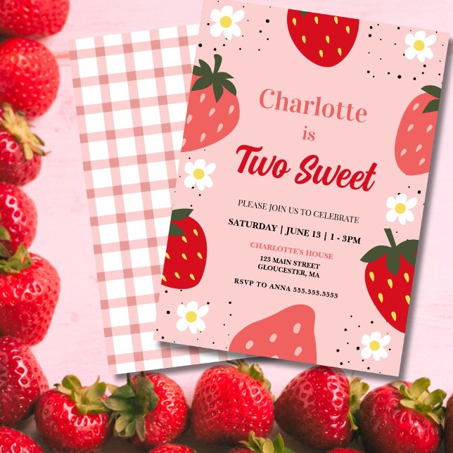 Jordgubbar två sötade Födelsedagsfester Inbjudningar (Two Sweet Strawberry Birthday Invitation — Berry Cute 2nd Birthday Invite!)