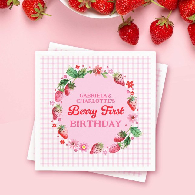 Jordgubbar Twin Sisters Joint Berry 1:a födelsedag Pappersservett (Strawberries Twin Sisters Joint Berry 1st Birthday Napkins)